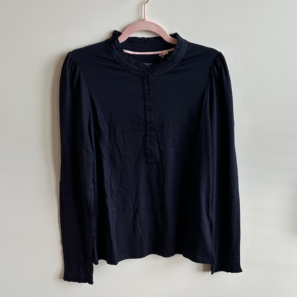 Boden Supersoft Frill Henley Top in Navy